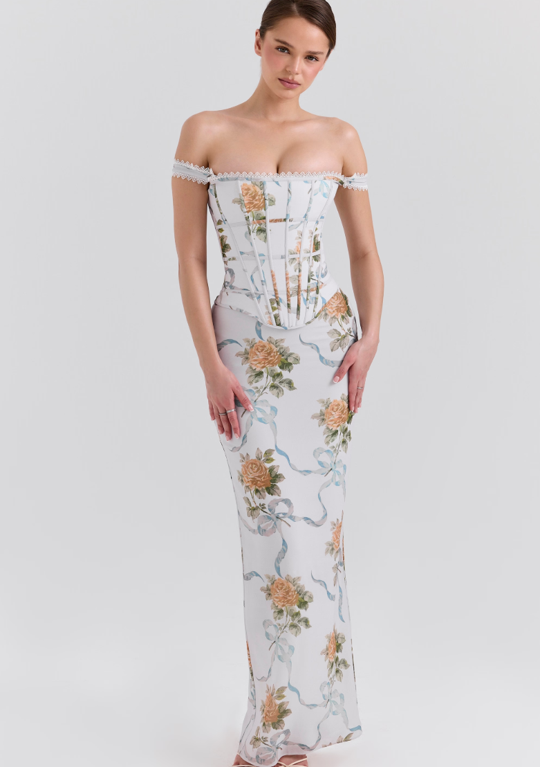 Isis Vintage Print Corset Maxi Dress - Soft Blu