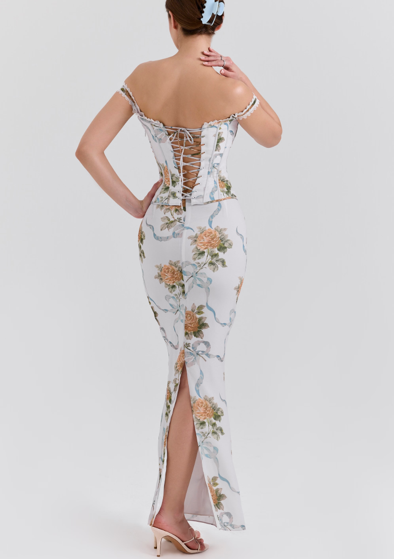 Isis Vintage Print Corset Maxi Dress - Soft Blu