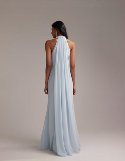 Grecian Draped Halter Maxi Dress - Pastel Blu