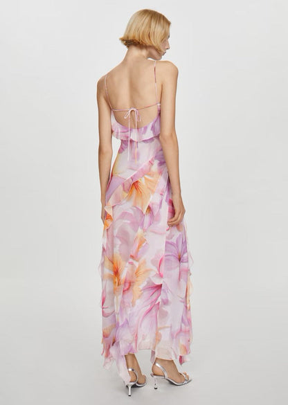 Ruffled Floral Print Dress - Pink