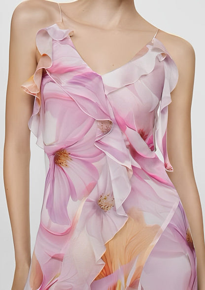 Ruffled Floral Print Dress - Pink