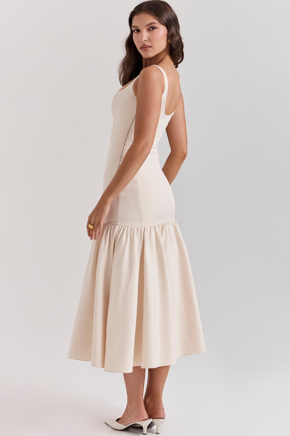 Vintage Dropped Waist Midi Dress - Cream